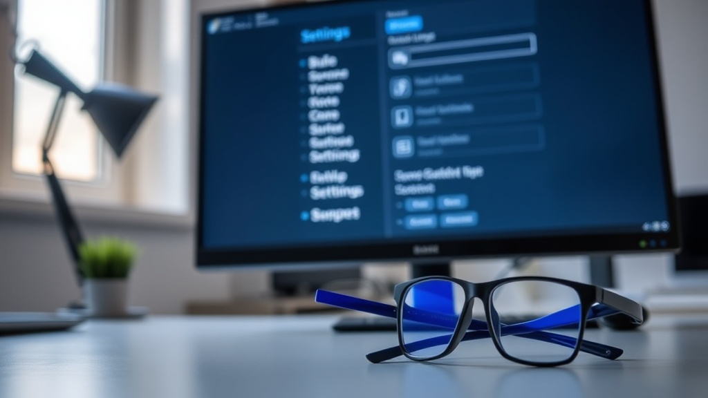 컴퓨터 모니터 앞에 놓인 블루라이트 차단 안경과 화면 설정 메뉴가 보이는 작업 환경