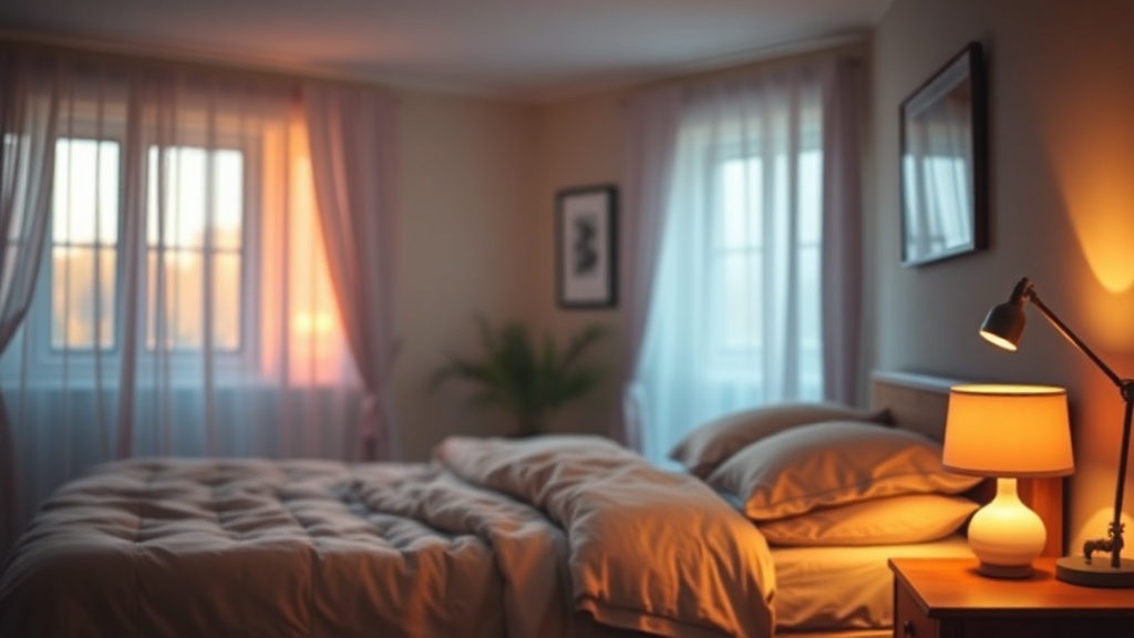 따뜻한 색감의 조명이 켜진 아늑한 침실 환경