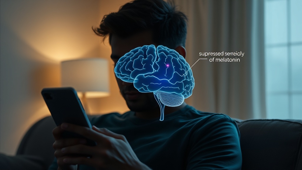 어두운 방 안에서 스마트폰을 사용하는 사람의 모습과 뇌의 멜라토닌 분비 억제 과정을 시각화한 이미지