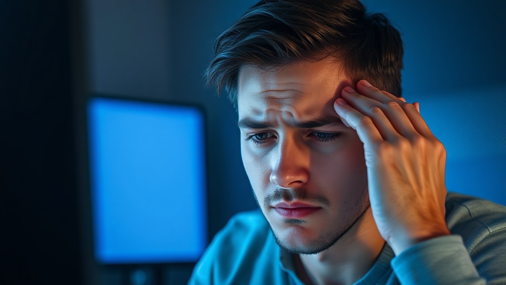 디지털 기기 사용 중 눈의 피로를 느끼며 안경을 만지는 사용자의 모습과 화면의 푸른 빛