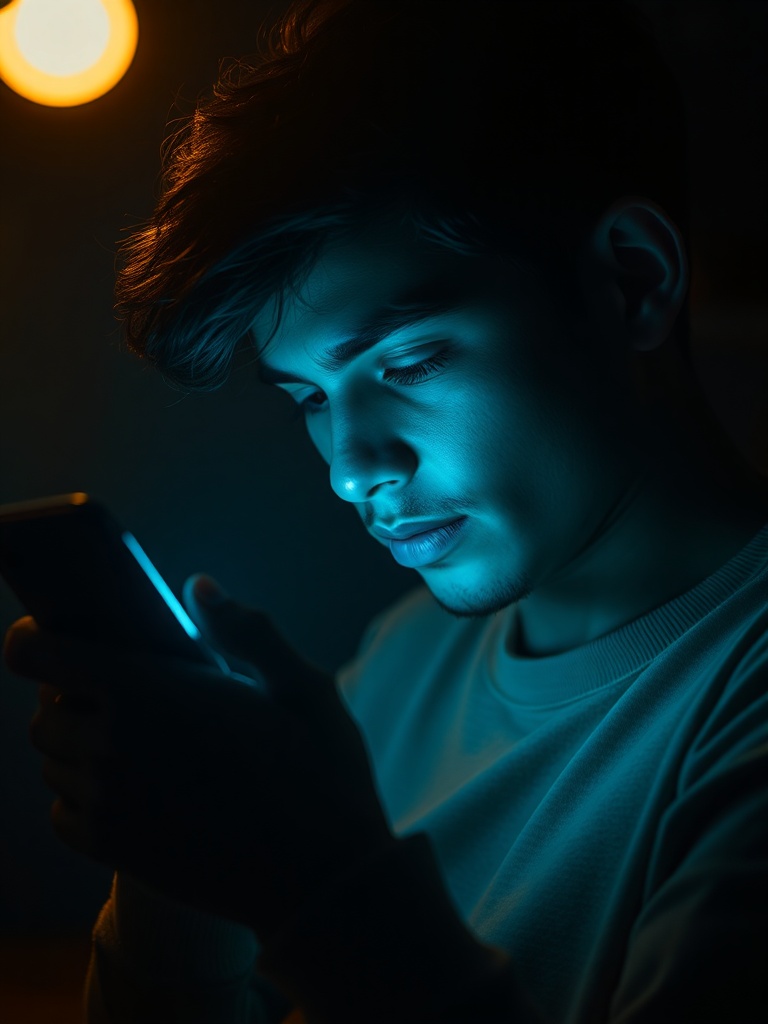 어두운 방 안에서 스마트폰 화면의 빛을 얼굴에 받으며 화면을 응시하고 있는 사람의 모습